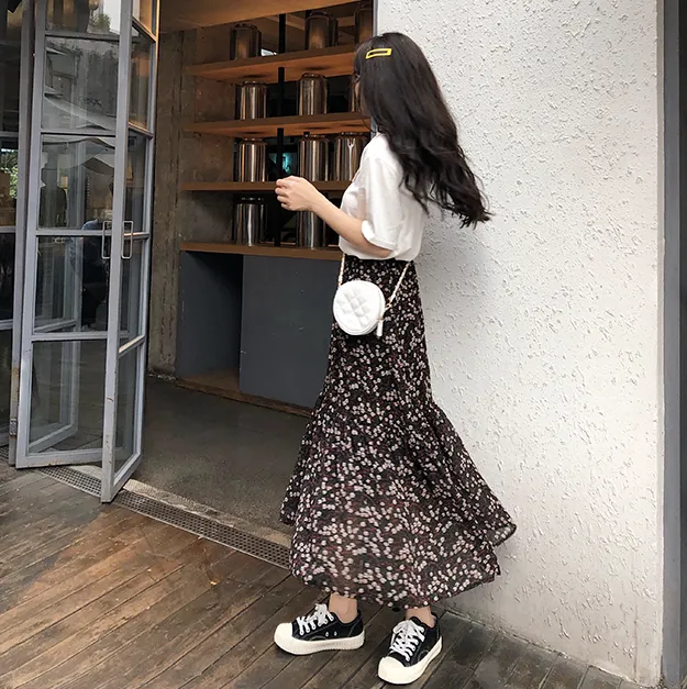 [Korean Style] Chiffon Floral Mermaid Long Skirt