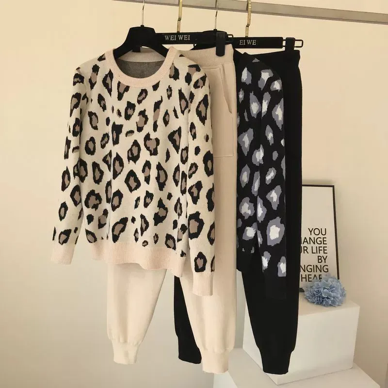 Leopard print pullover long-sleeved sweater   simple skinny pants suit
