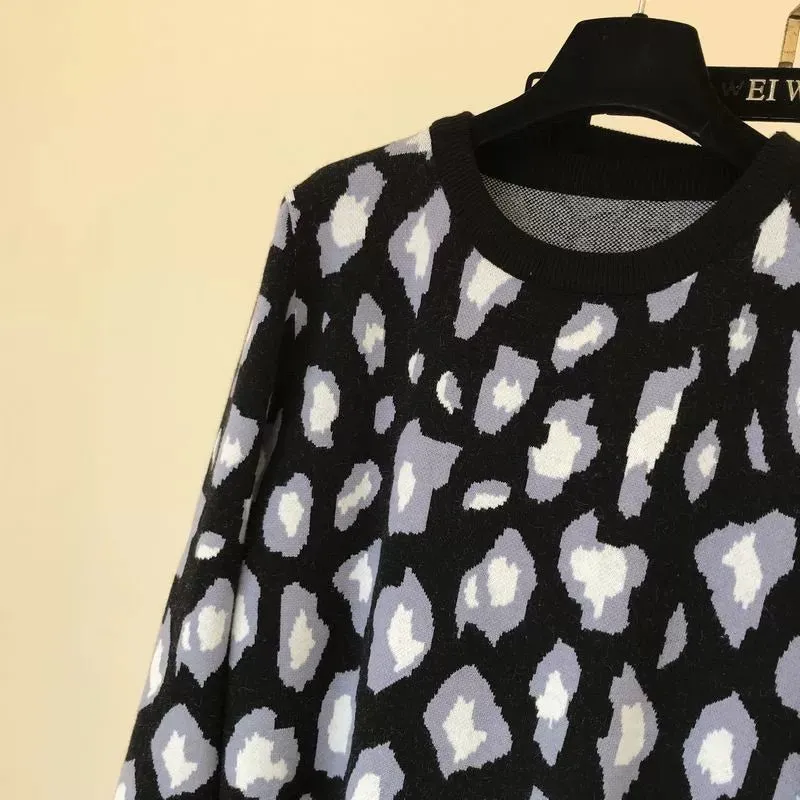Leopard print pullover long-sleeved sweater   simple skinny pants suit