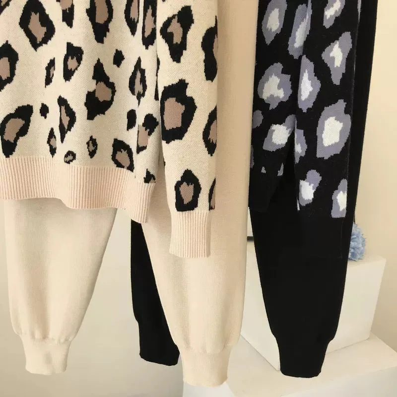 Leopard print pullover long-sleeved sweater   simple skinny pants suit