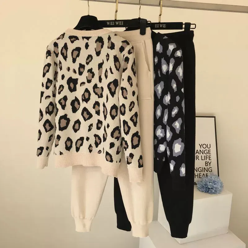 Leopard print pullover long-sleeved sweater   simple skinny pants suit