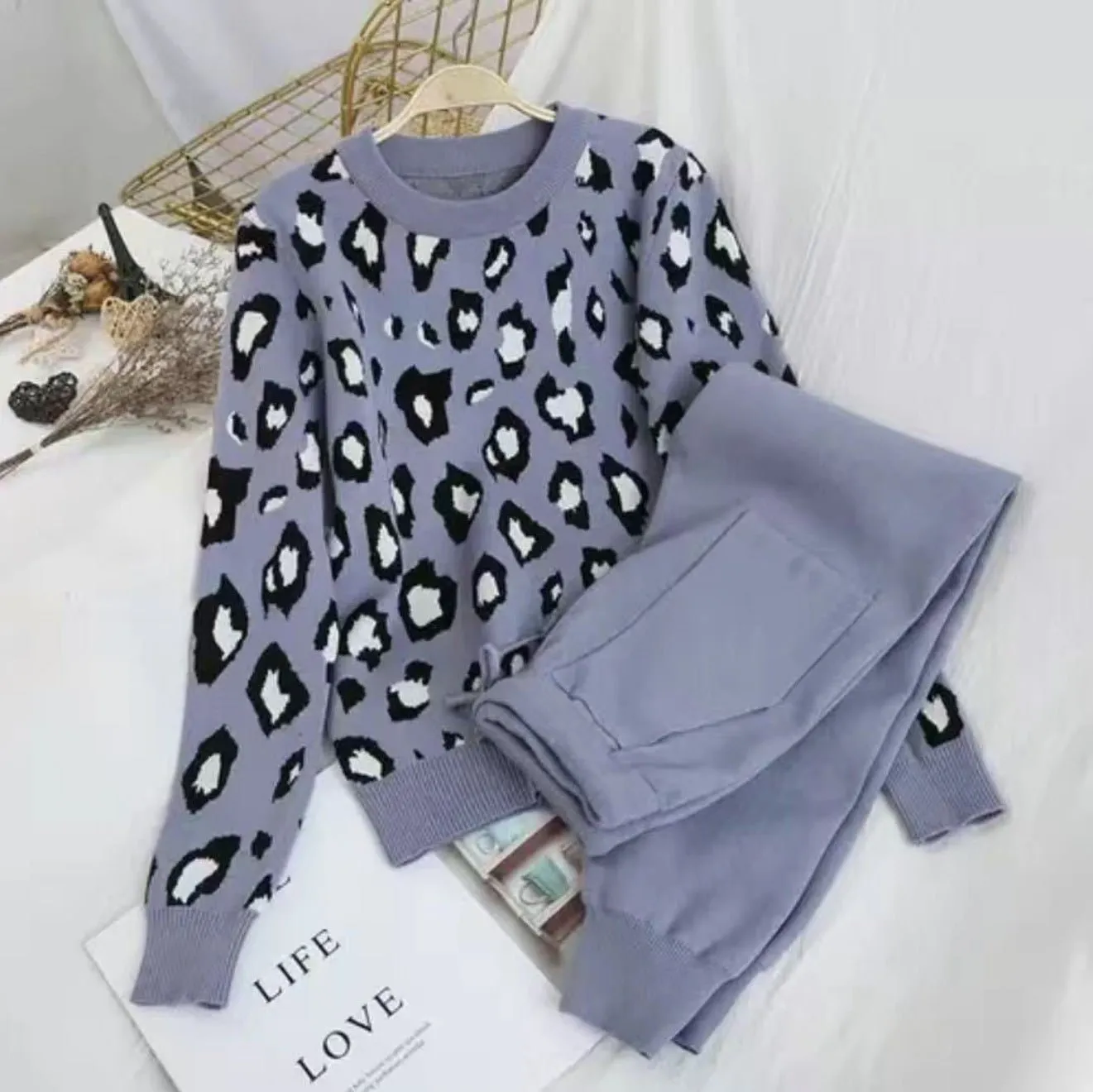 Leopard print pullover long-sleeved sweater   simple skinny pants suit