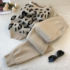 Leopard print pullover long-sleeved sweater   simple skinny pants suit