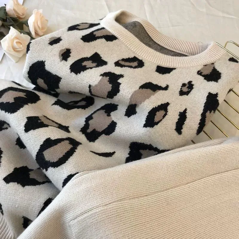 Leopard print pullover long-sleeved sweater   simple skinny pants suit
