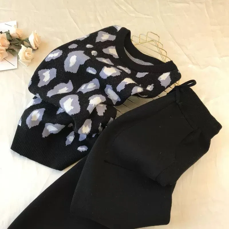 Leopard print pullover long-sleeved sweater   simple skinny pants suit