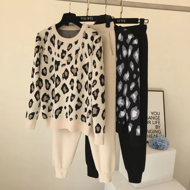 Leopard print pullover long-sleeved sweater   simple skinny pants suit