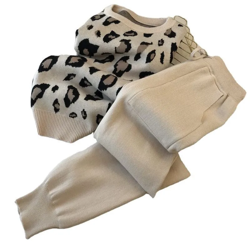 Leopard print pullover long-sleeved sweater   simple skinny pants suit