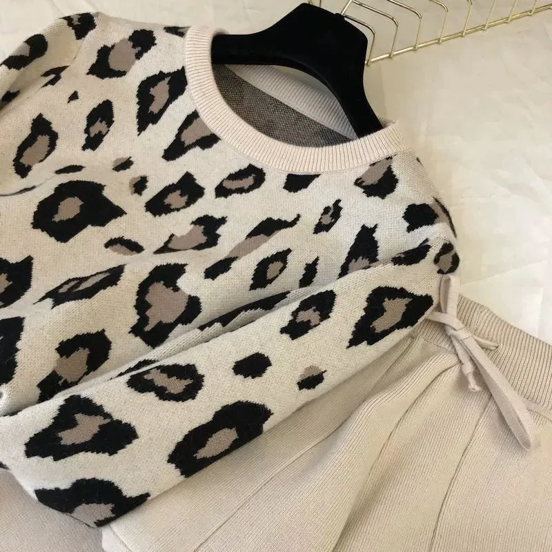 Leopard print pullover long-sleeved sweater   simple skinny pants suit