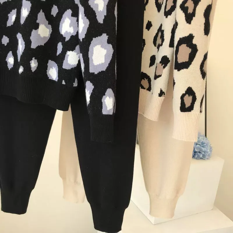 Leopard print pullover long-sleeved sweater   simple skinny pants suit