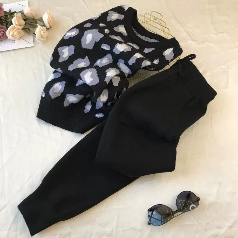 Leopard print pullover long-sleeved sweater   simple skinny pants suit