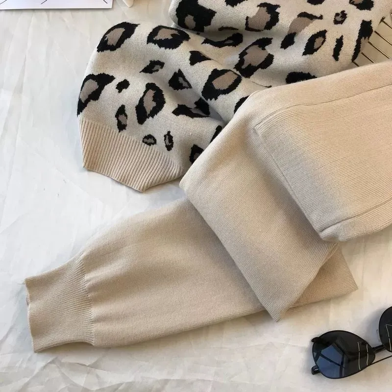 Leopard print pullover long-sleeved sweater   simple skinny pants suit