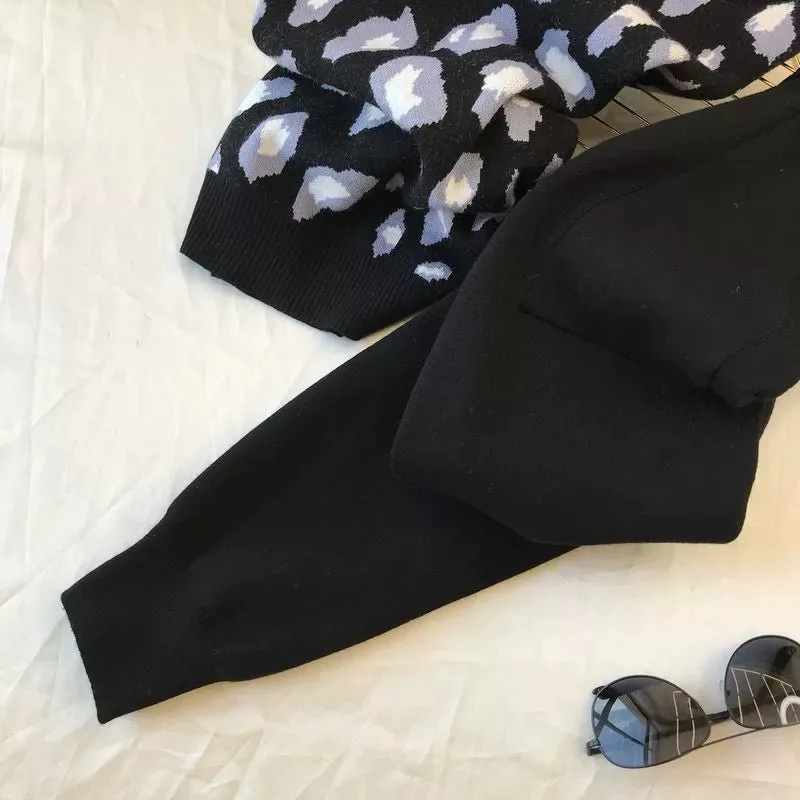 Leopard print pullover long-sleeved sweater   simple skinny pants suit