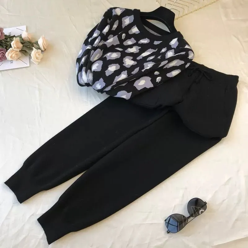 Leopard print pullover long-sleeved sweater   simple skinny pants suit