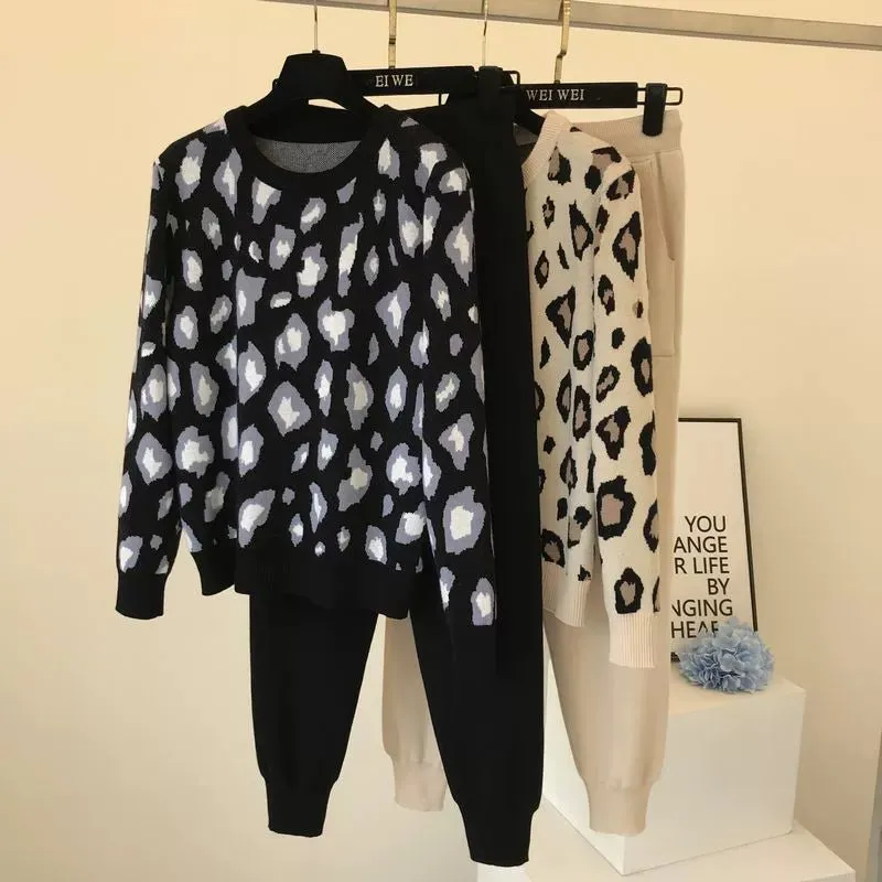 Leopard print pullover long-sleeved sweater   simple skinny pants suit