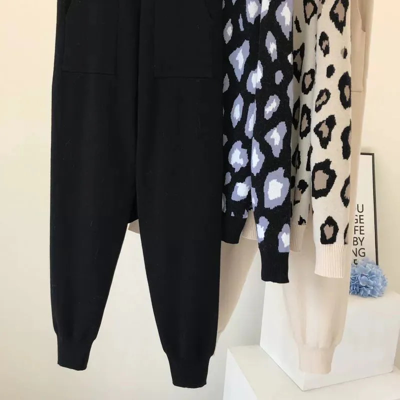 Leopard print pullover long-sleeved sweater   simple skinny pants suit
