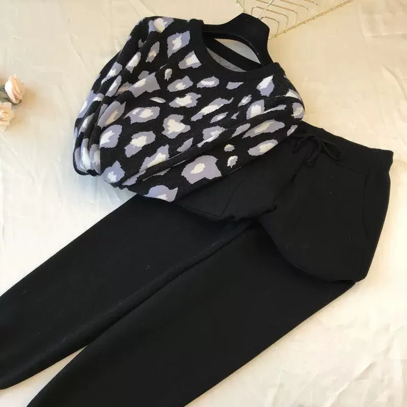 Leopard print pullover long-sleeved sweater   simple skinny pants suit