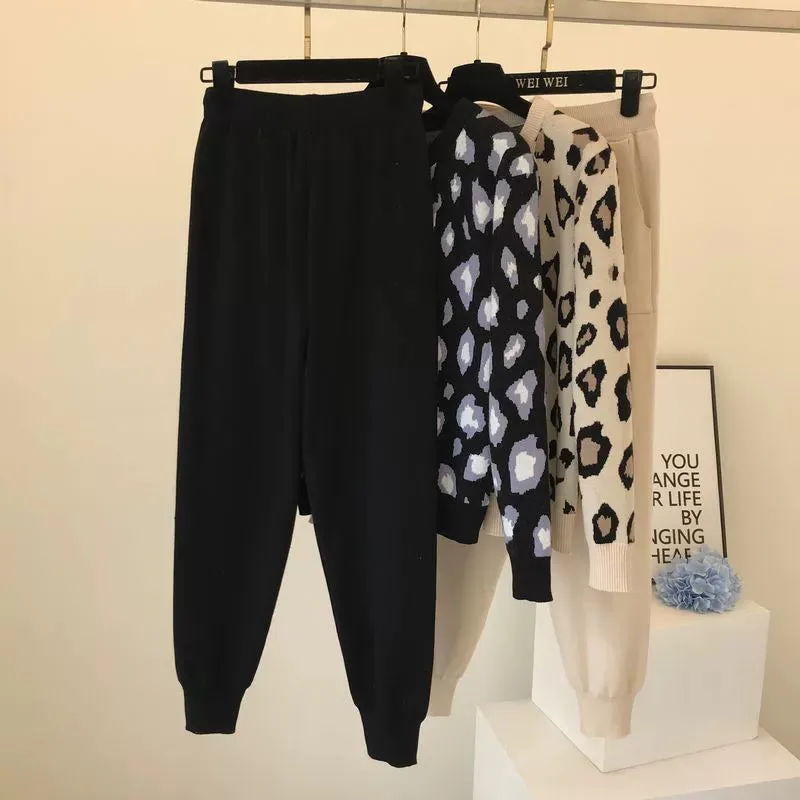 Leopard print pullover long-sleeved sweater   simple skinny pants suit