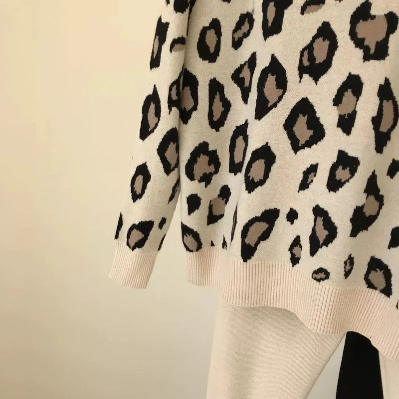 Leopard print pullover long-sleeved sweater   simple skinny pants suit