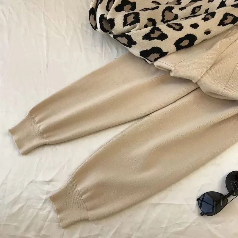 Leopard print pullover long-sleeved sweater   simple skinny pants suit