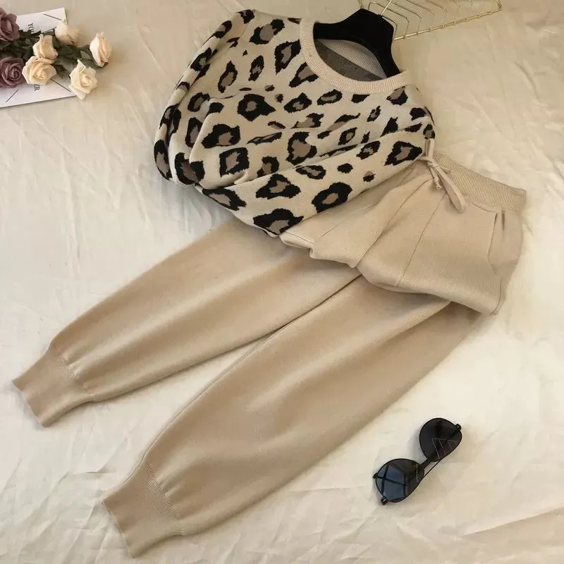 Leopard print pullover long-sleeved sweater   simple skinny pants suit