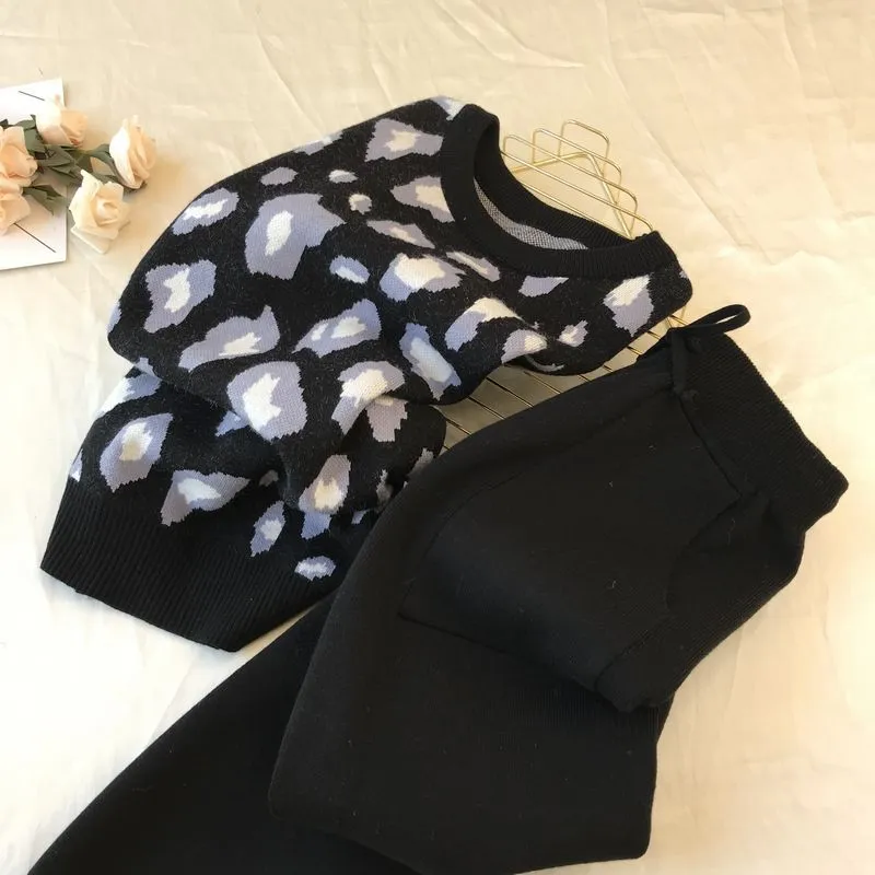 Leopard print pullover long-sleeved sweater   simple skinny pants suit