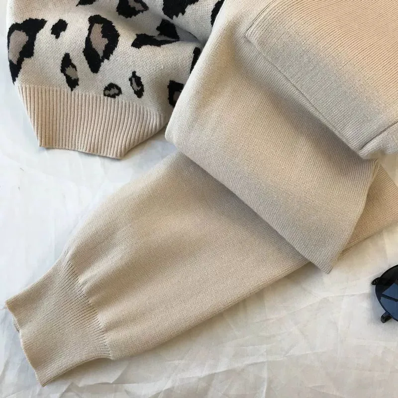 Leopard print pullover long-sleeved sweater   simple skinny pants suit
