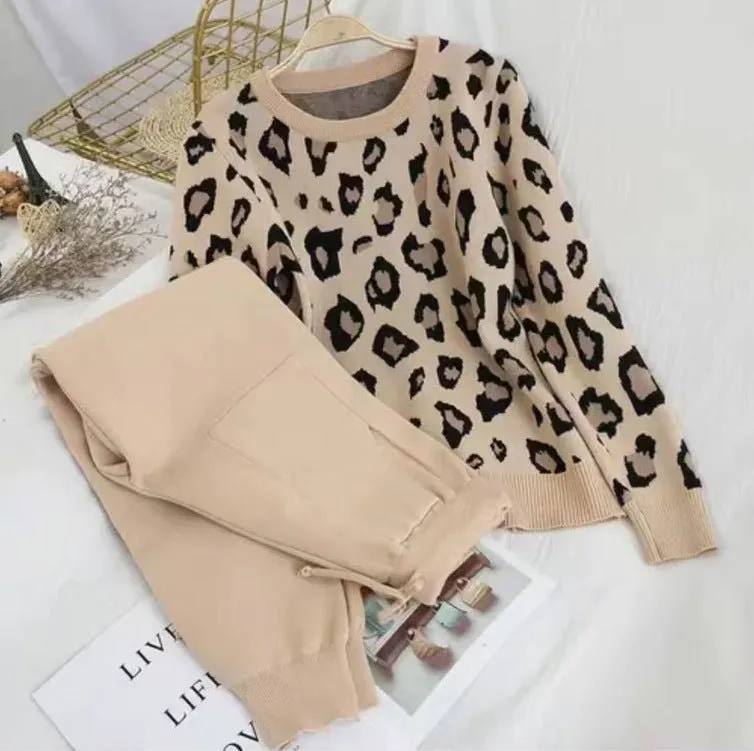 Leopard print pullover long-sleeved sweater   simple skinny pants suit