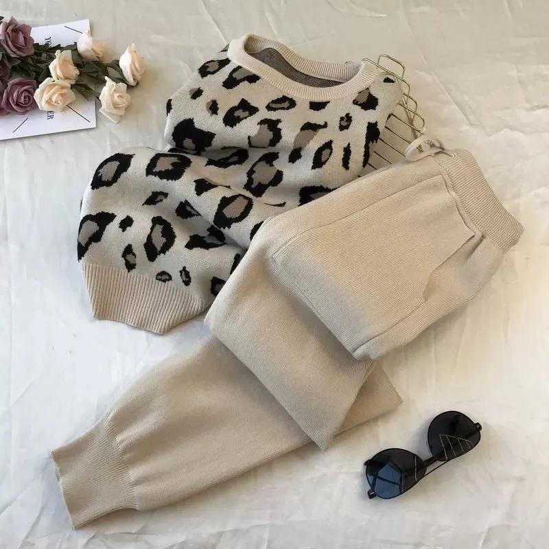 Leopard print pullover long-sleeved sweater   simple skinny pants suit