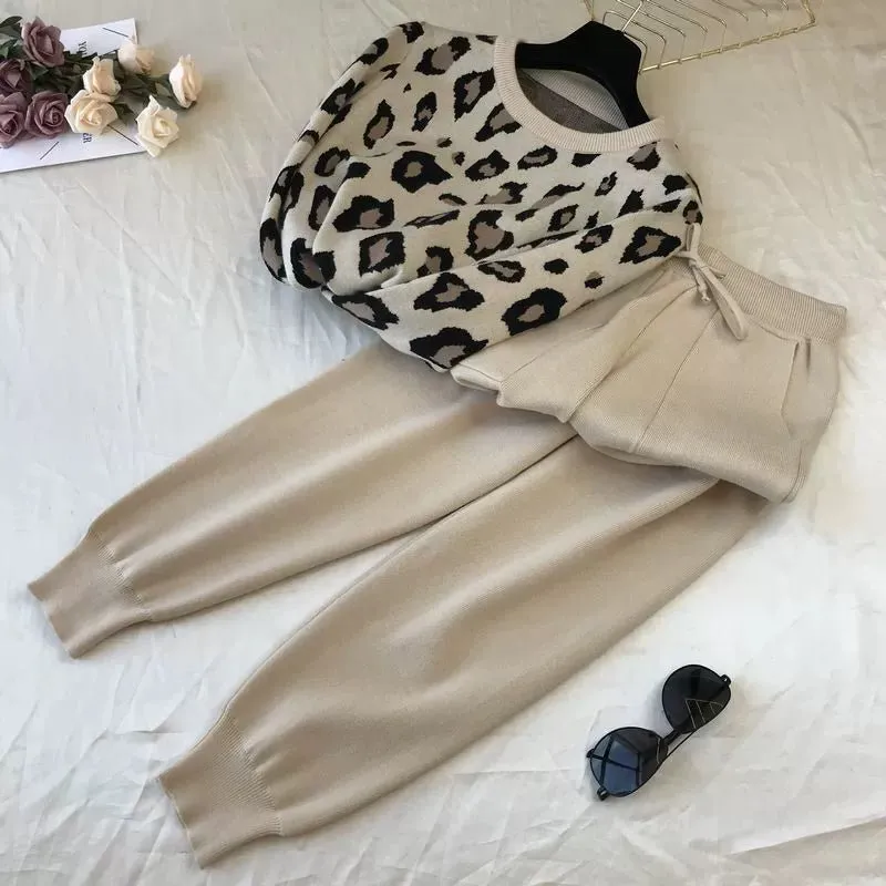 Leopard print pullover long-sleeved sweater   simple skinny pants suit