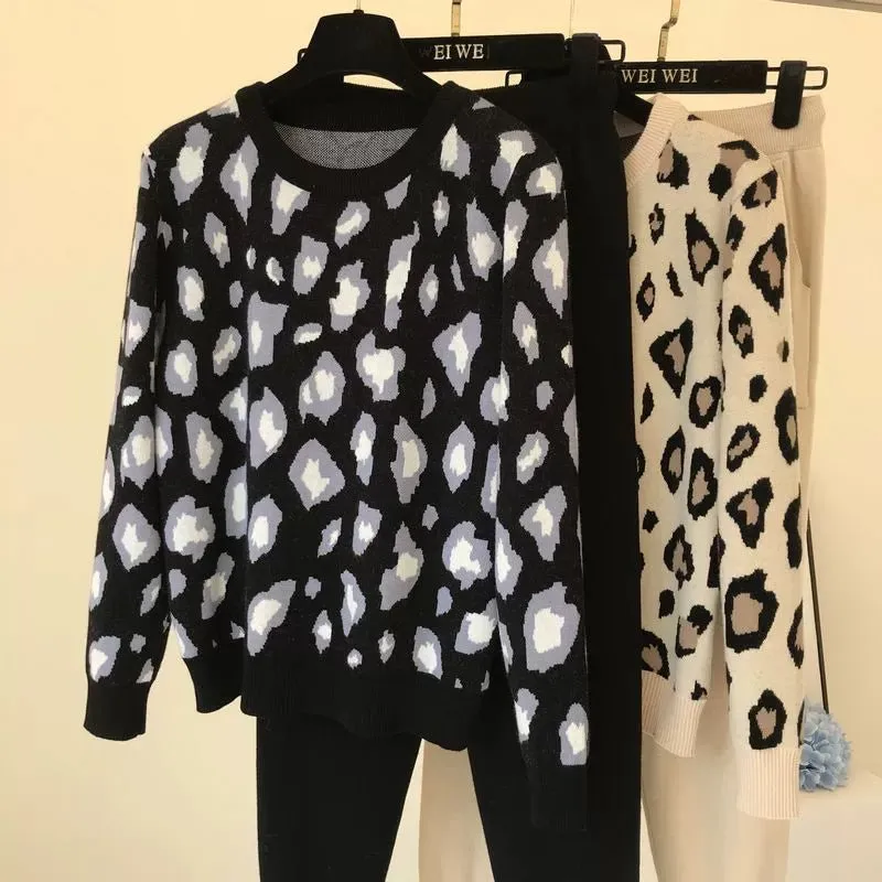 Leopard print pullover long-sleeved sweater   simple skinny pants suit