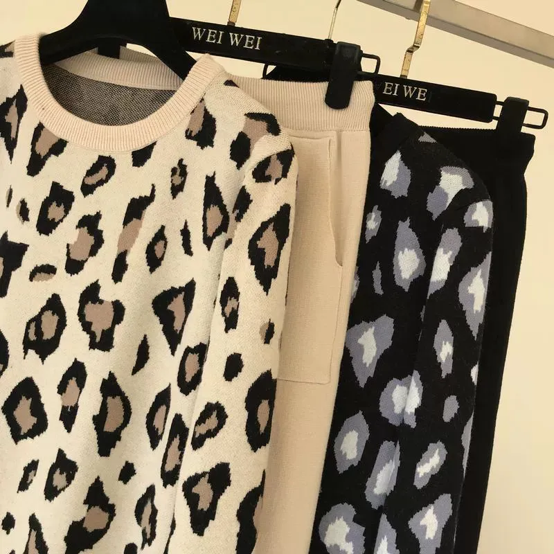 Leopard print pullover long-sleeved sweater   simple skinny pants suit