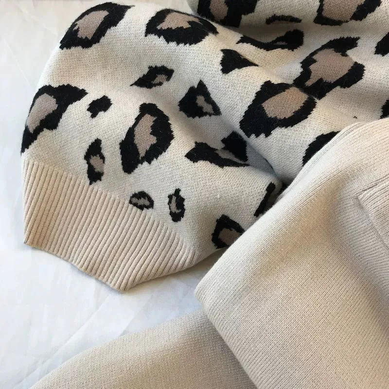 Leopard print pullover long-sleeved sweater   simple skinny pants suit