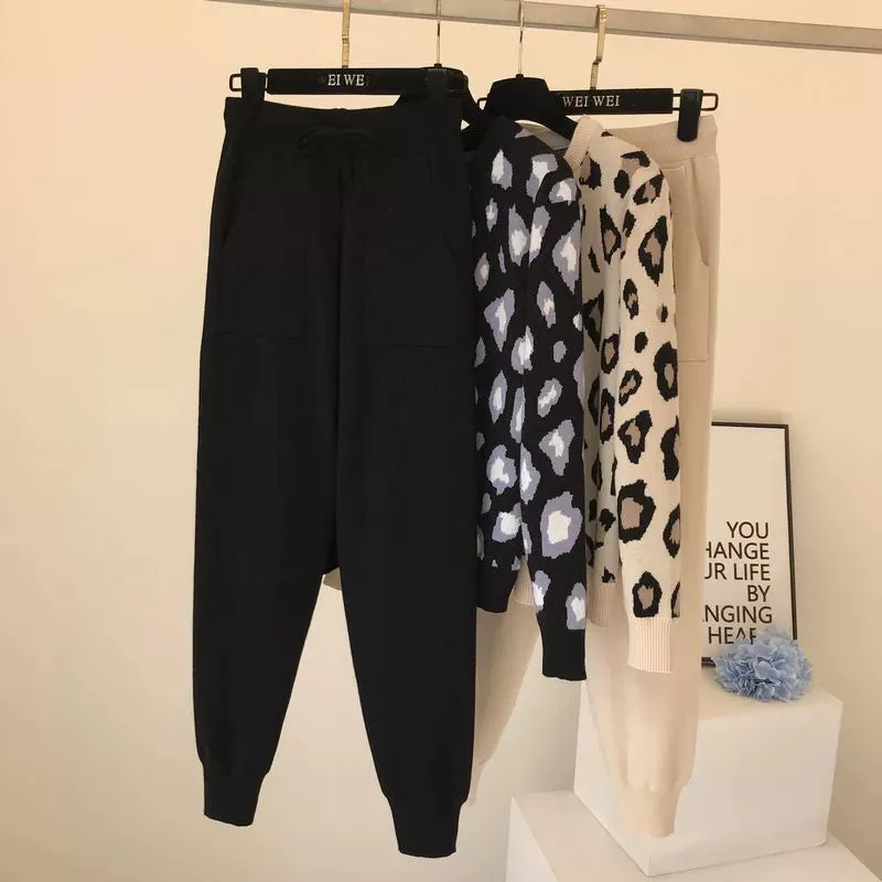 Leopard print pullover long-sleeved sweater   simple skinny pants suit