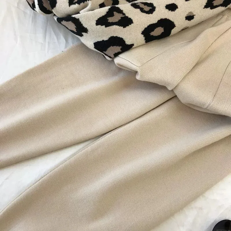 Leopard print pullover long-sleeved sweater   simple skinny pants suit
