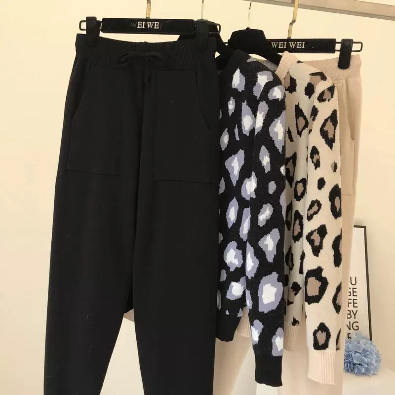 Leopard print pullover long-sleeved sweater   simple skinny pants suit