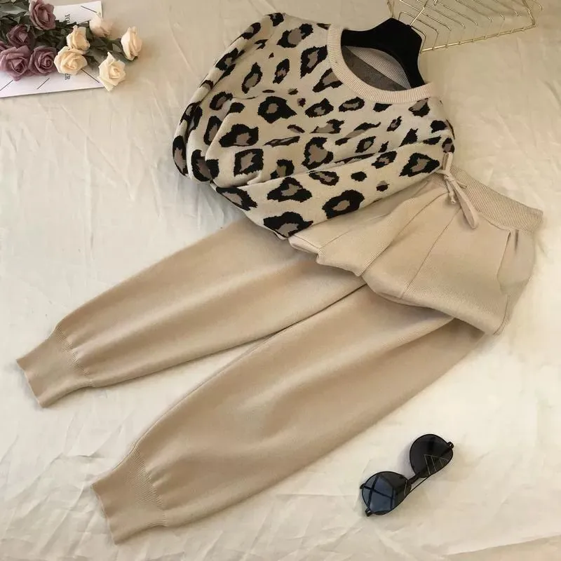 Leopard print pullover long-sleeved sweater   simple skinny pants suit
