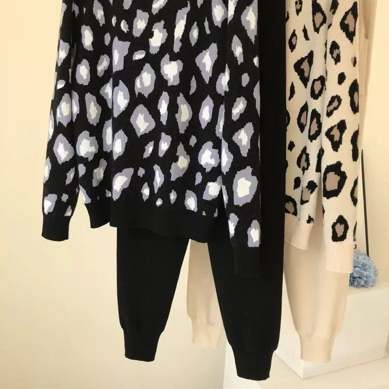 Leopard print pullover long-sleeved sweater   simple skinny pants suit