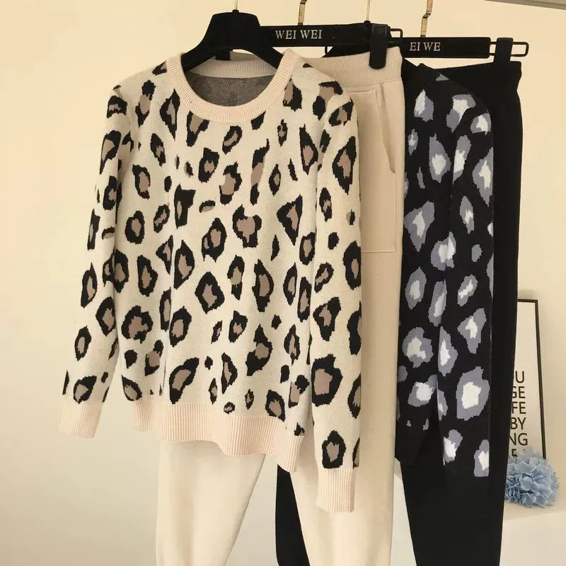 Leopard print pullover long-sleeved sweater   simple skinny pants suit
