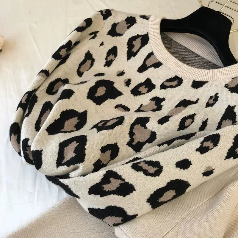 Leopard print pullover long-sleeved sweater   simple skinny pants suit