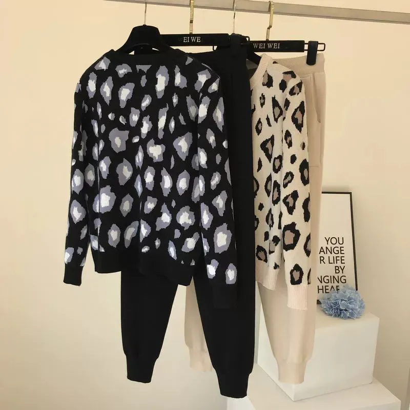 Leopard print pullover long-sleeved sweater   simple skinny pants suit