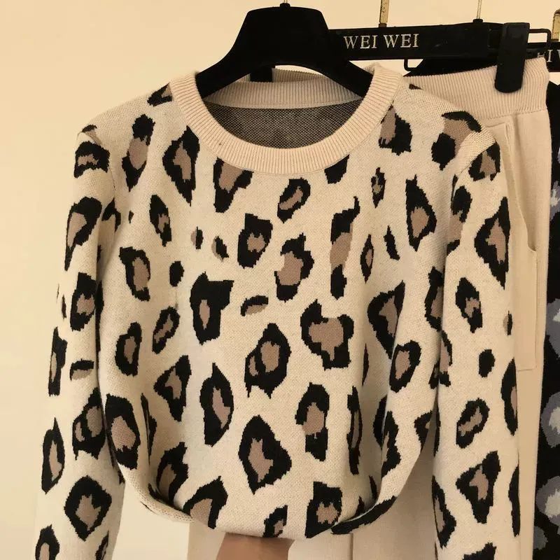 Leopard print pullover long-sleeved sweater   simple skinny pants suit