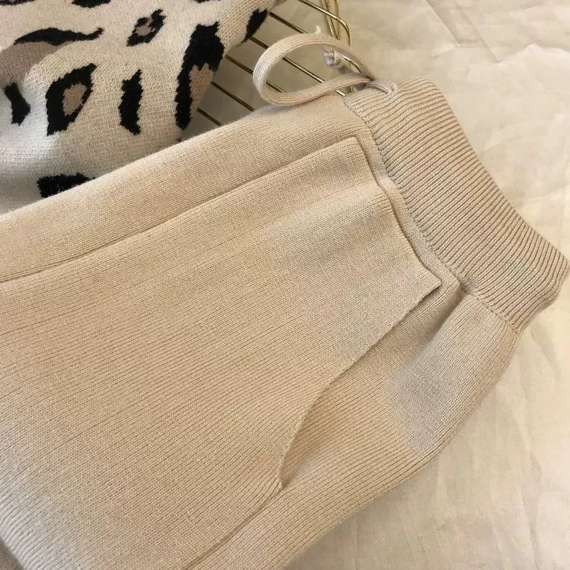 Leopard print pullover long-sleeved sweater   simple skinny pants suit