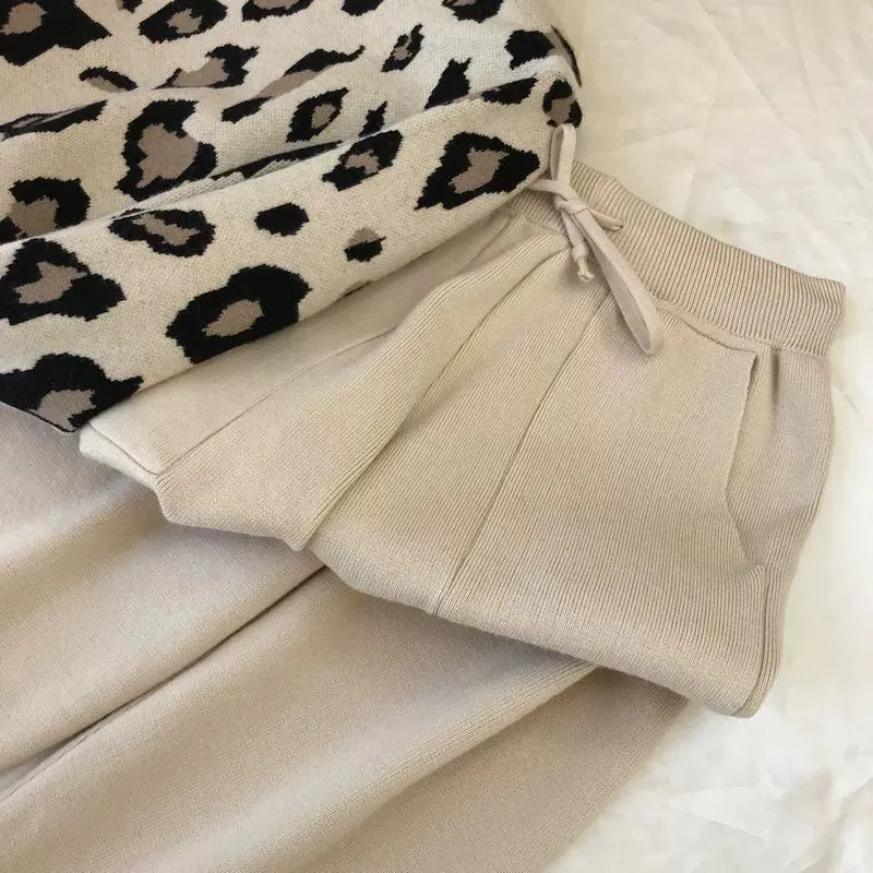 Leopard print pullover long-sleeved sweater   simple skinny pants suit