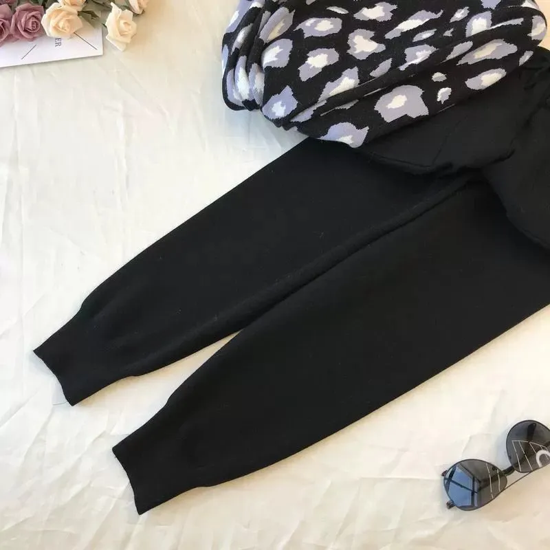 Leopard print pullover long-sleeved sweater   simple skinny pants suit