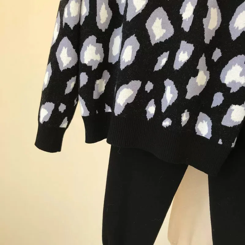 Leopard print pullover long-sleeved sweater   simple skinny pants suit