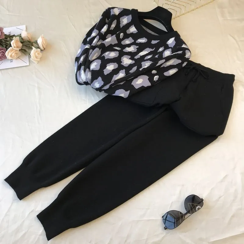 Leopard print pullover long-sleeved sweater   simple skinny pants suit