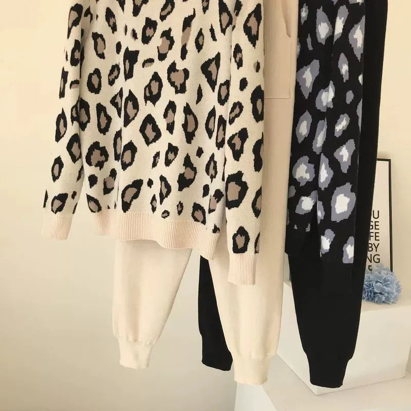 Leopard print pullover long-sleeved sweater   simple skinny pants suit