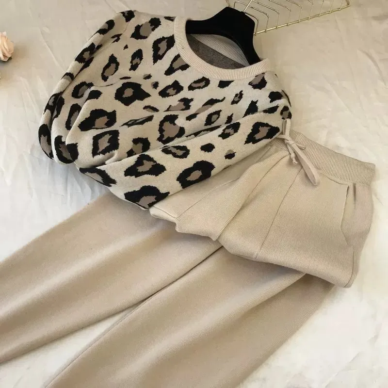 Leopard print pullover long-sleeved sweater   simple skinny pants suit