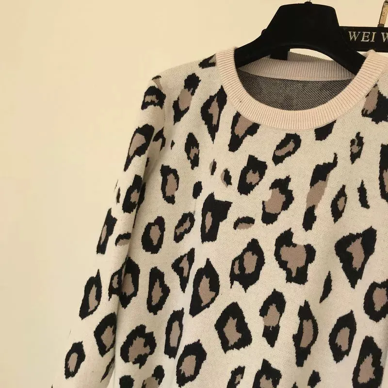 Leopard print pullover long-sleeved sweater   simple skinny pants suit