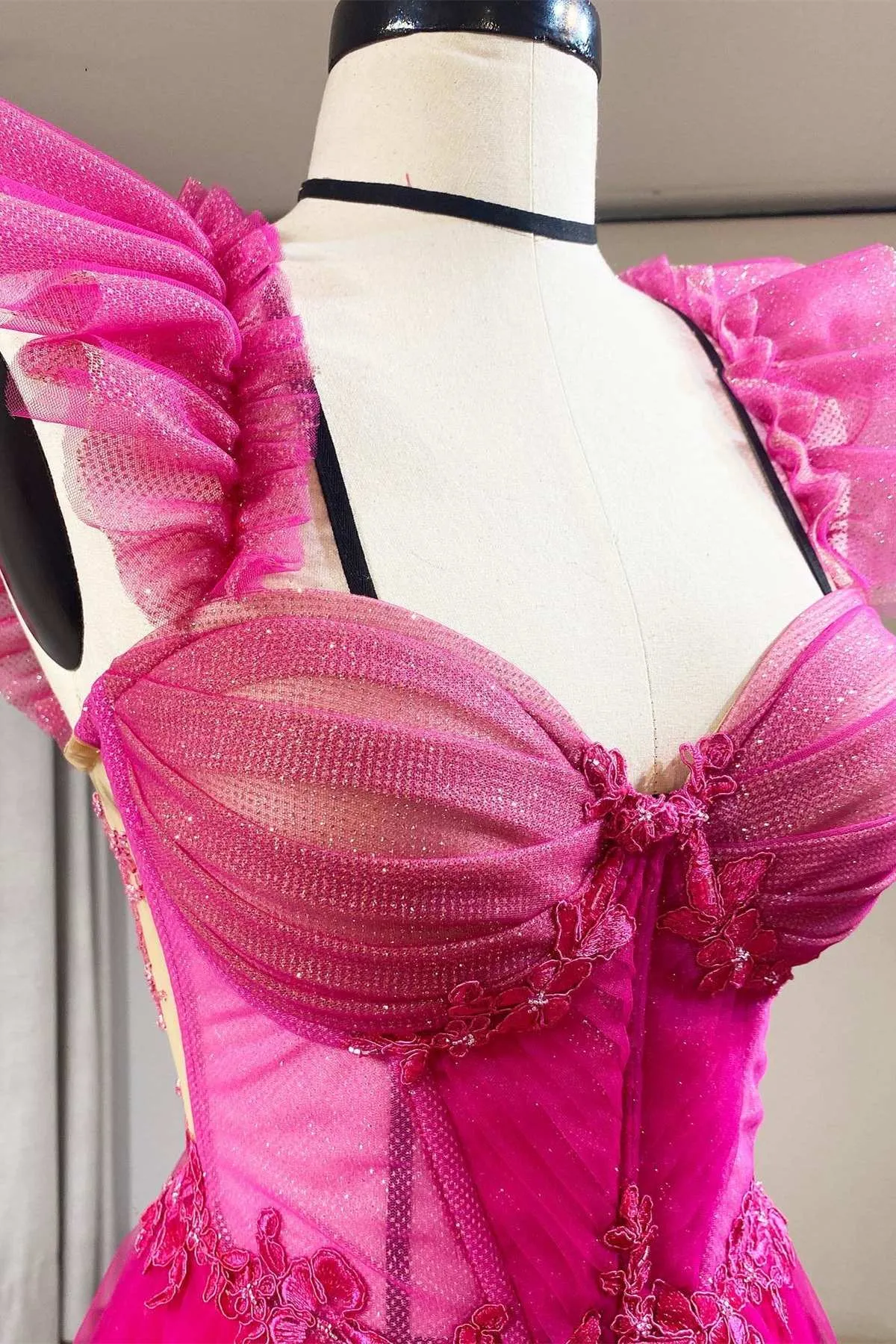 Magenta Tulle Ruffles Bustier A-Line Prom Dress